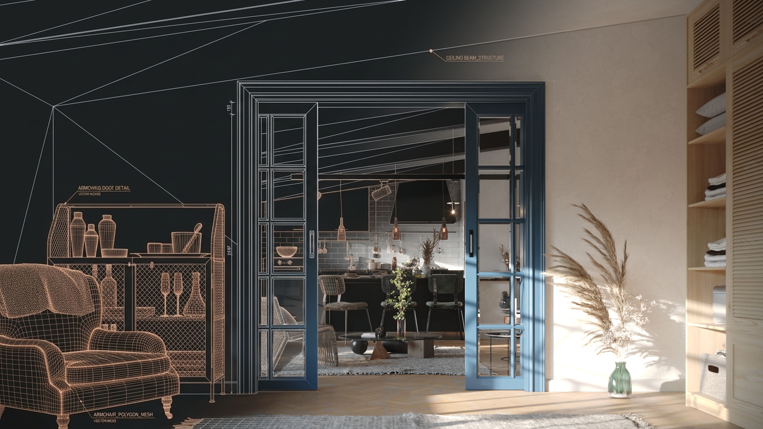 Çağdaş iç mekân mimari wireframe ve fotogerçekçi render geçişi
