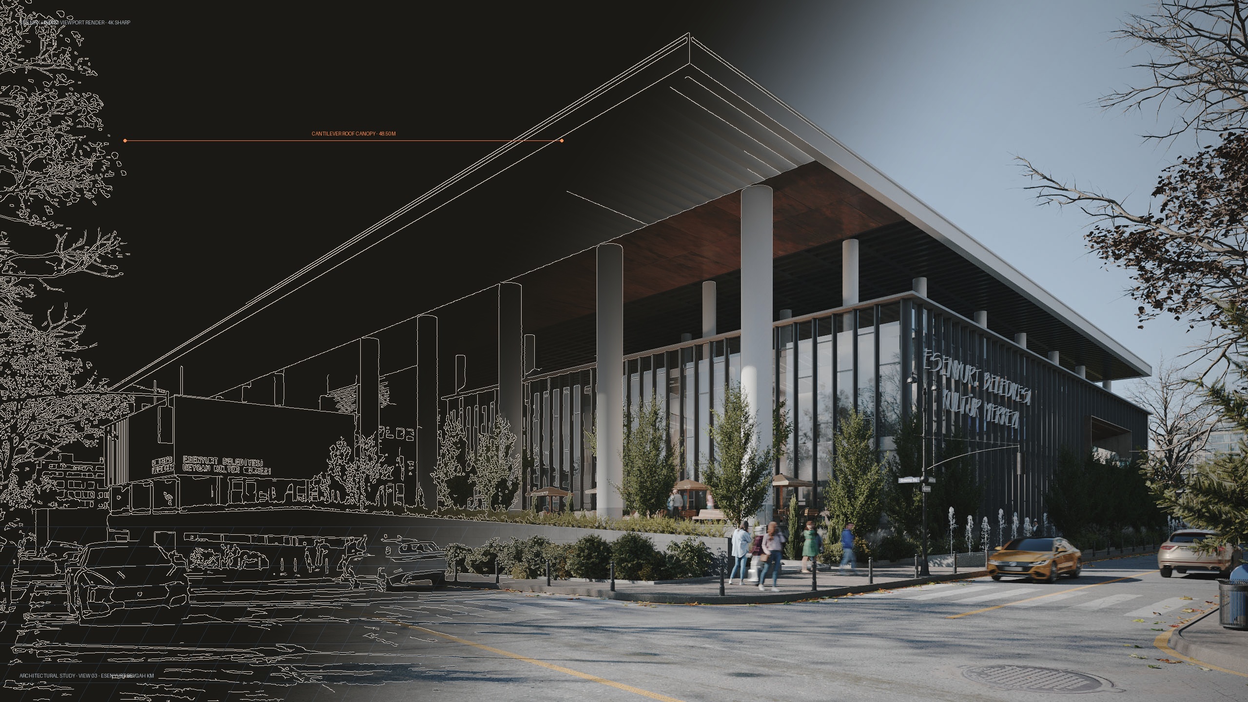 Kamusal yapı çizgisel CAD tasarım ve fotogerçekçi mimari render