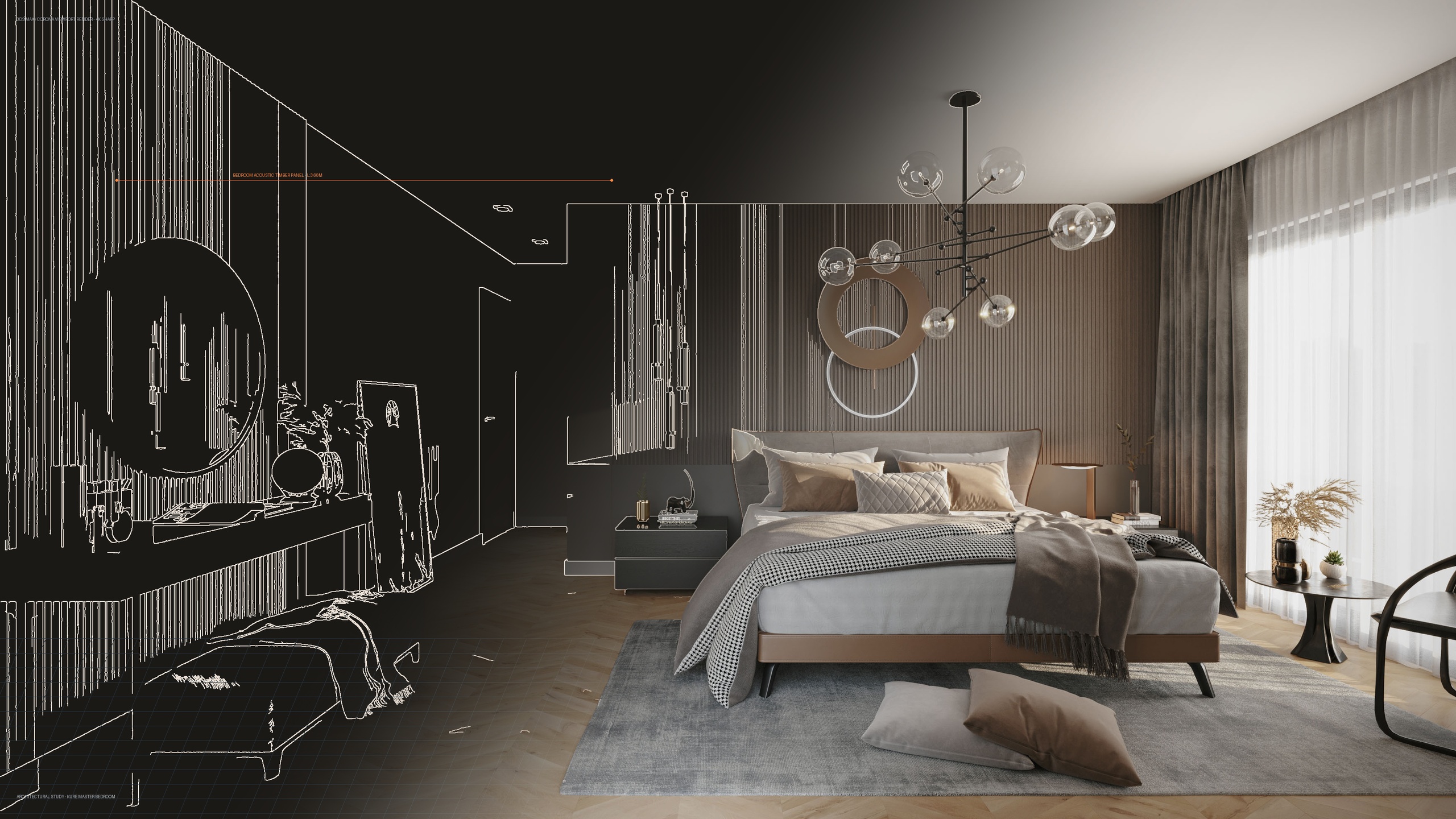 Villa iç mekân mimari wireframe ve render geçişi