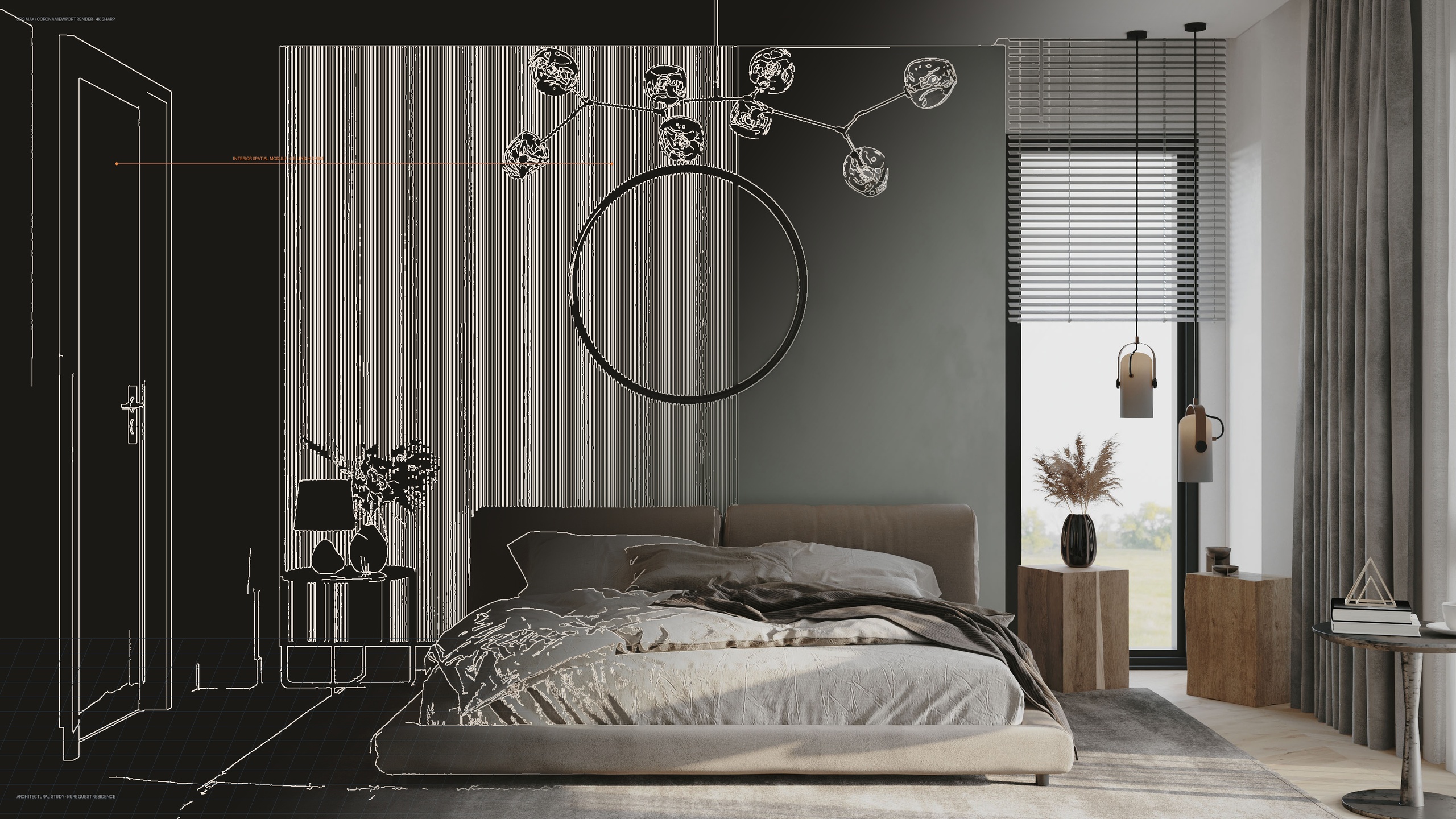 Konut iç mekân çizgisel model ve fotogerçekçi görselleştirme