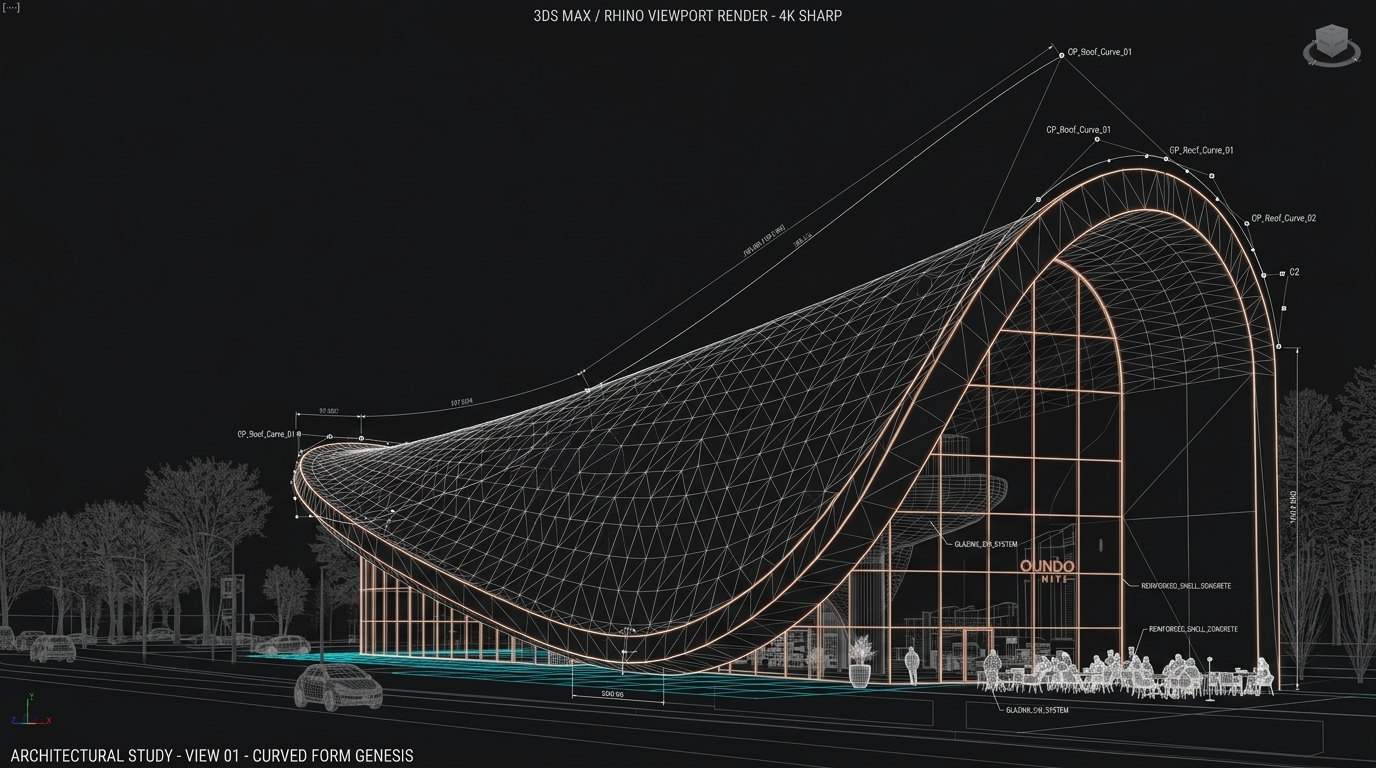 Render Studio organik mimari kütle ve pavyon wireframe model